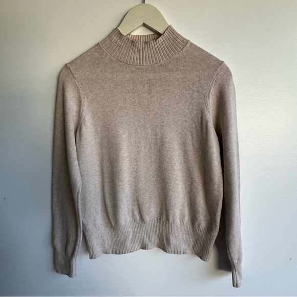 Minimalist Oatmeal Mock Neck Cotton Sweater Size XS Ribbed Neutral Capsule Knit - Picture 2 of 12